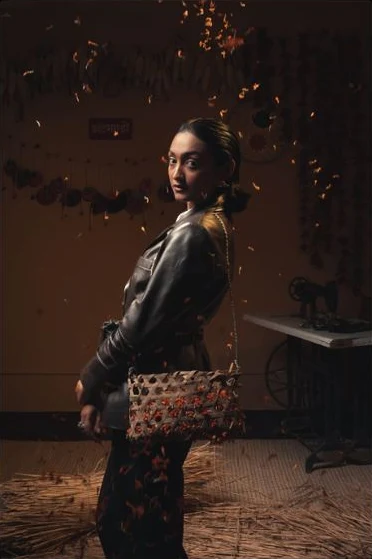 A model in a black leather jacket, from the Kalchakra shoot